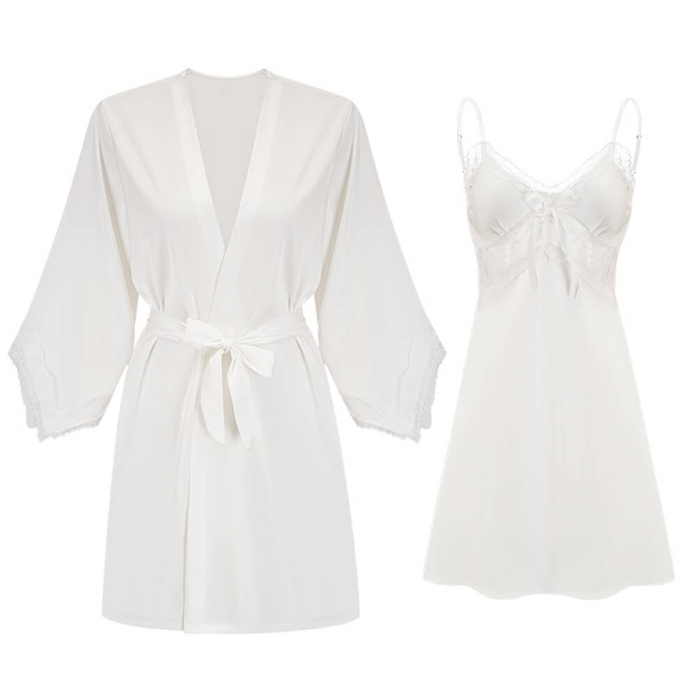 Elegante Nachtwäsche Spitzen-Satin-Cami-Nachtkleid Morgenmantel Damen Pyjama-Set