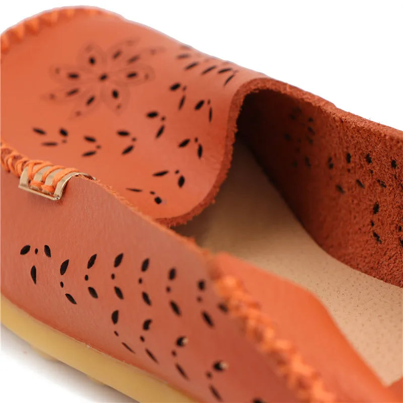 Faltbare Ballerina-Einlegesohlen Echter Leder Loafers Frauen Mokassins Sommer Blumen Rundzehen Rutschige Casual Schuhe