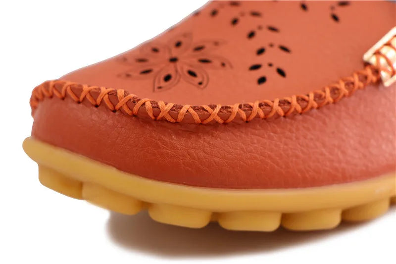 Faltbare Ballerina-Einlegesohlen Echter Leder Loafers Frauen Mokassins Sommer Blumen Rundzehen Rutschige Casual Schuhe
