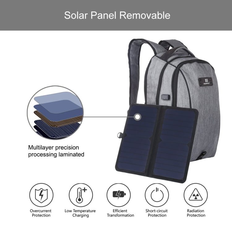 HAWEEL 14W Faltbarer Abnehmbarer Solar Power Outdoor Tragbarer Canvas Dual Shoulder Laptop Rucksack, USB-Ausgang: 5V 2.1A Max(Grau)