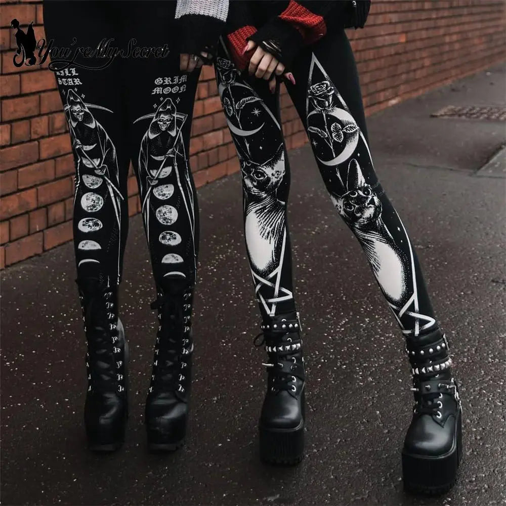 Gothic Leggings Für Frauen Ouija Workout-Hosen Dunkles Grunge Schwarze Katze Schädel Leggings Teufel Satan Leggings