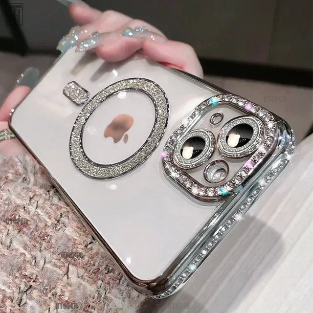 Luxus Kristall Diamant Klar Hülle Für iPhone 15 11 12 13 14 Pro Max Plus Bling Funkelnd Magsafe Magnetisch Kabelloses Ladecover