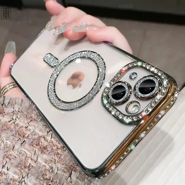Luxus Kristall Diamant Klar Hülle Für iPhone 15 11 12 13 14 Pro Max Plus Bling Funkelnd Magsafe Magnetisch Kabelloses Ladecover