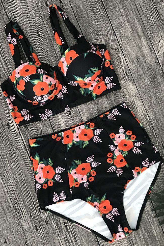 Neue hoch taillierte florale bedruckte Unterdraht-Crop-Bikini-Badeanzug in Schwarz.