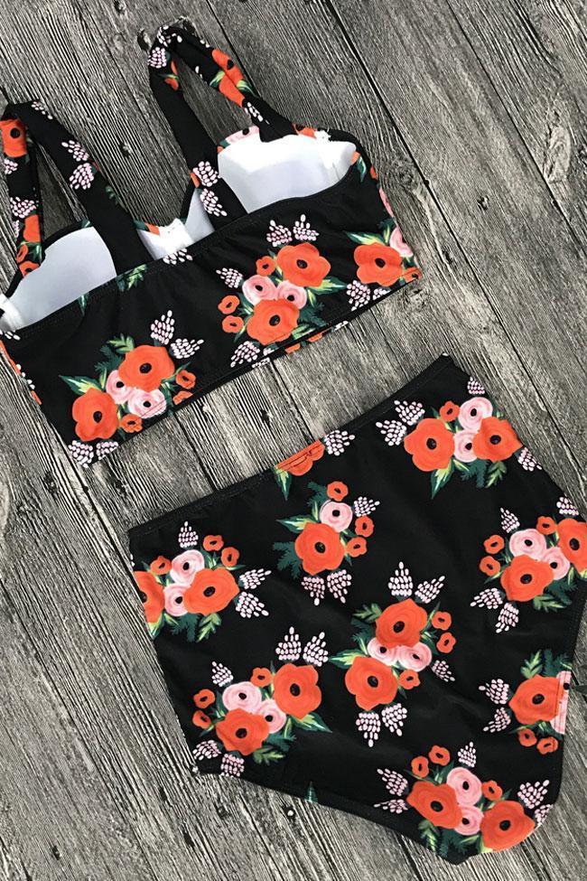 Neue hoch taillierte florale bedruckte Unterdraht-Crop-Bikini-Badeanzug in Schwarz.