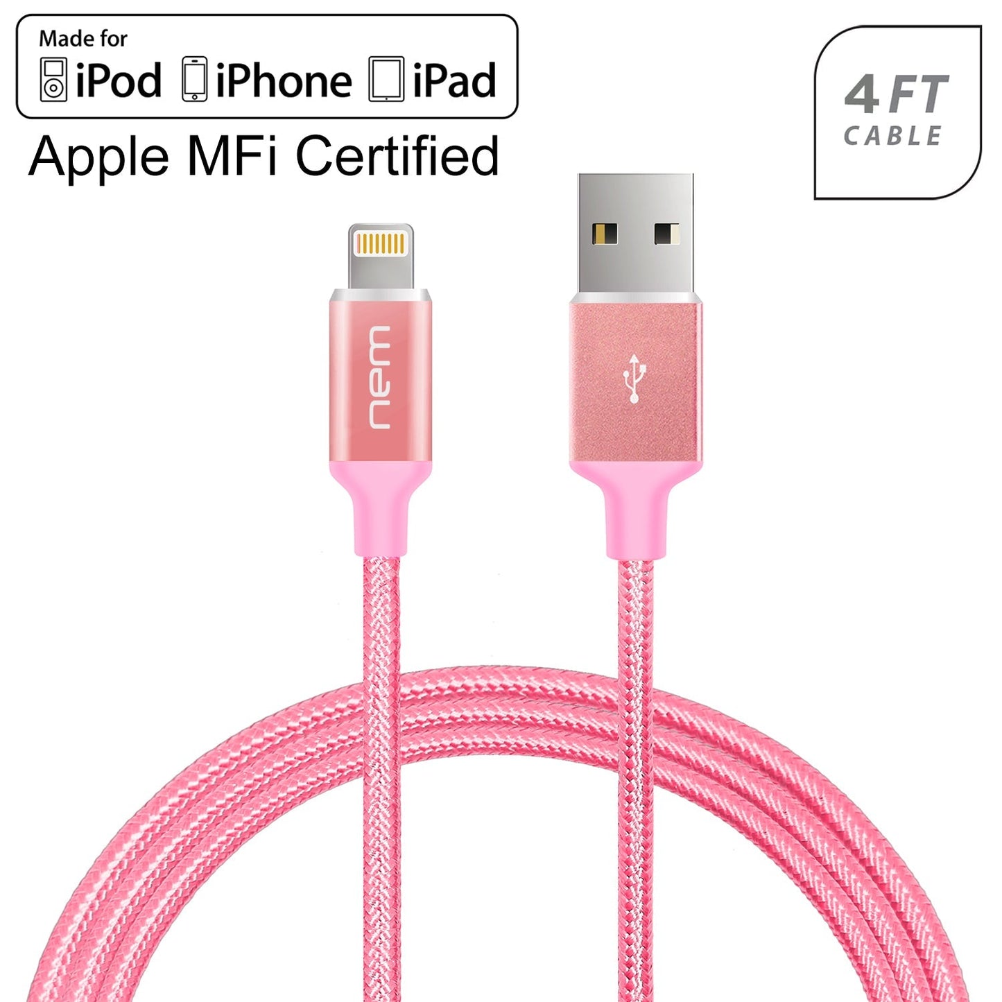 Apple MFi-zertifiziert Nylon-geflecht Lightning-Kabel 4Fu. RoseG