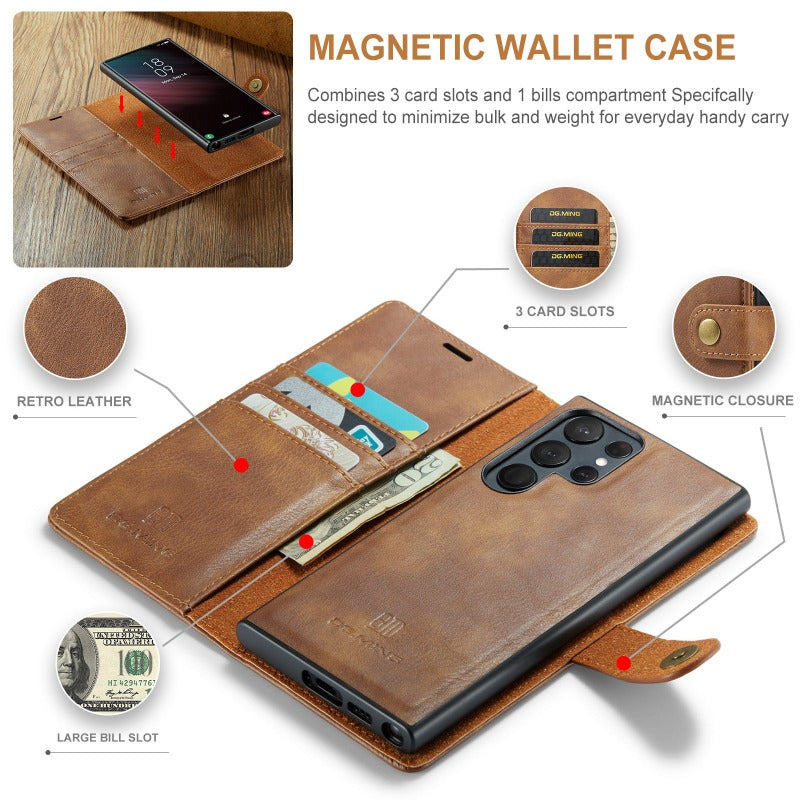 Magnetische, abnehmbare Leder-Brieftaschen-Telefonhülle mit Kreditkartenfach für Samsung Galaxy S24 23