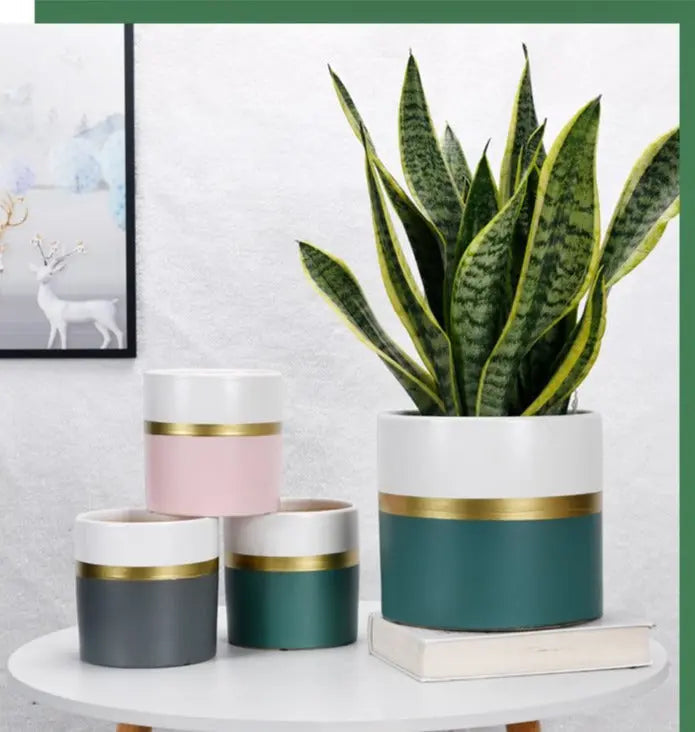 Moderner Blumentopf mit goldenem Rand – Elegante Keramikpflanzen für Innen- und Außenpflanzen