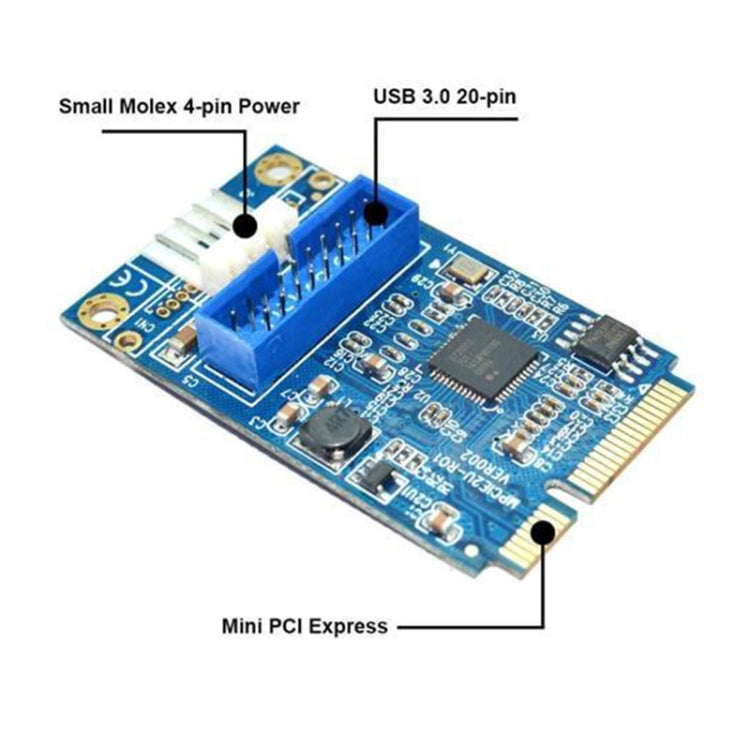 Sandsberg | MINI PCI-E zu USB 3.0 Front 19-Pin Desktop-PC Erweiterungskarte mit 4-Pin Stromanschluss (Blau)