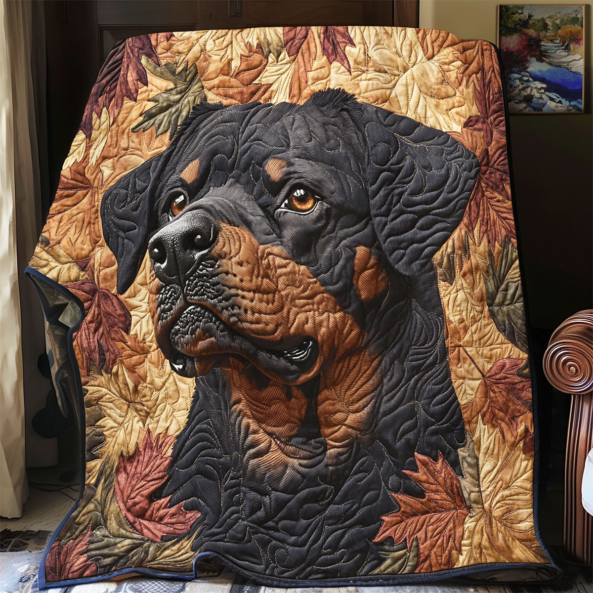 Rottie im Blätter Quilt