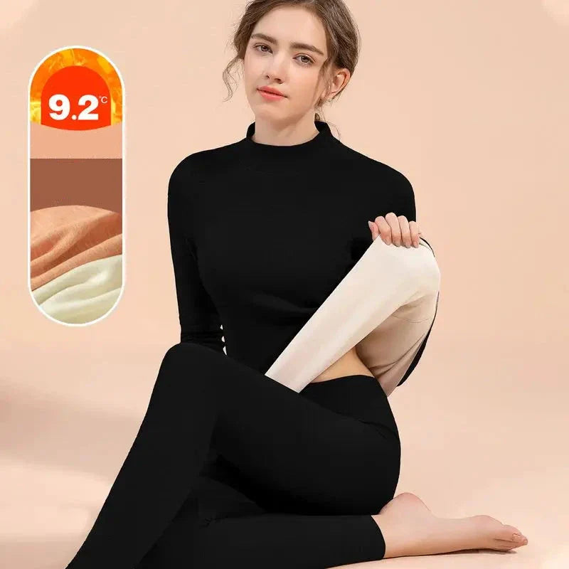 Samt Thermounterwäsche Set für Frauen - Warmes Mittel-Hochkragen Basisschicht, Nahtlose Loungewear für den Winter