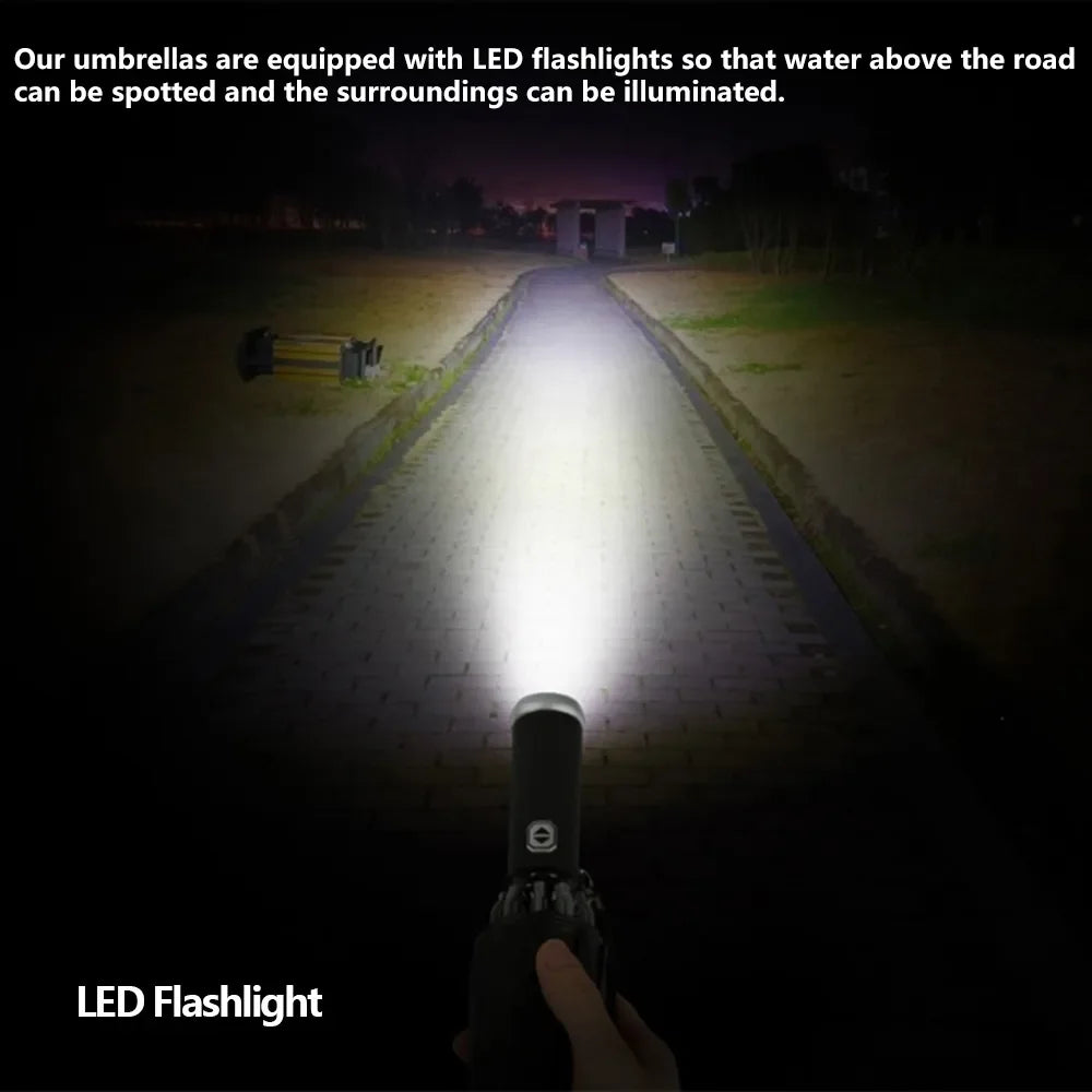Vollautomatischer Sonnenschutzschirm mit LED-Taschenlampe - Klappbarer wasserdichter UV-Sonnenschirm, regenfest, windresistenter Schirm