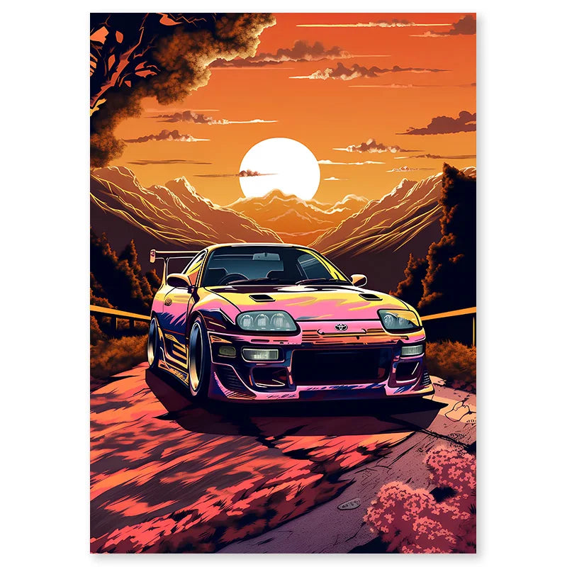 Retro Auto Leinwandmalerei Japan Mount Fuji Sonnenuntergang Wandkunst Landschaftsposter Wohnzimmer Innendruck Bilder Heimdekoration