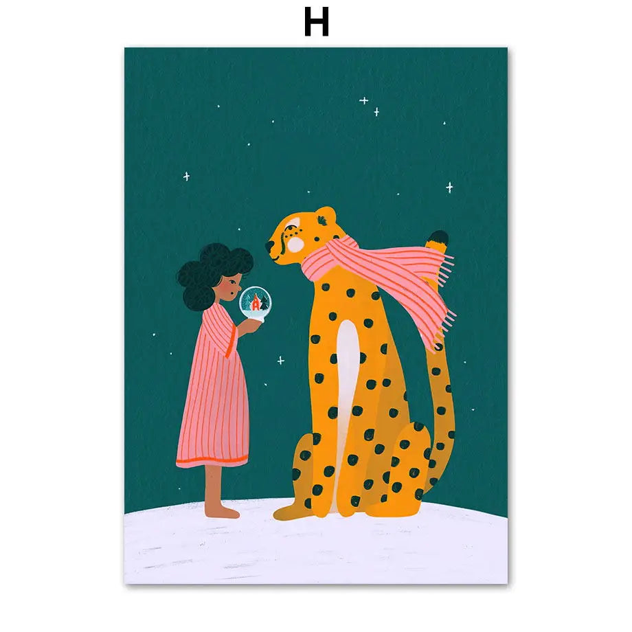 Wal Delfin Leopard Mädchen Bea Muller Kunstausstellung Leinwandmalerei Nordische Poster und Drucke Wandbilder Wohnzimmer Dekor