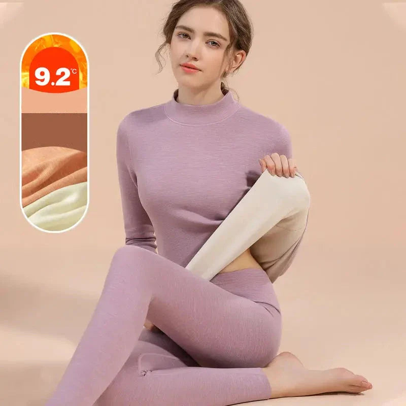 Samt Thermounterwäsche Set für Frauen - Warmes Mittel-Hochkragen Basisschicht, Nahtlose Loungewear für den Winter