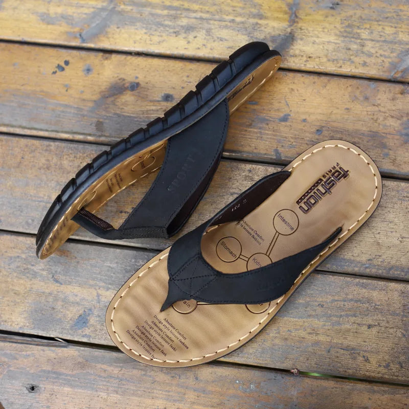 Sommer Schuhe Herren Hausschuhe Echtes Leder Flip-Flops Flache Sandalen Urlaub Rutschfest Schwarz Khaki