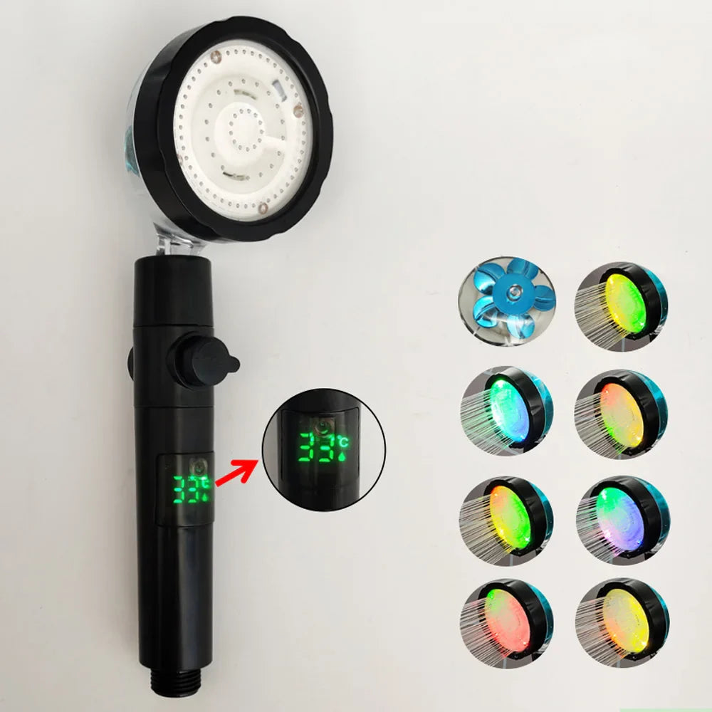 LED Digital Temperaturanzeige Duschkopf | Schwarz mit buntem Ventilator & Temperaturregelung | Hochdruck Regen Duschkopf für das Badezimmer