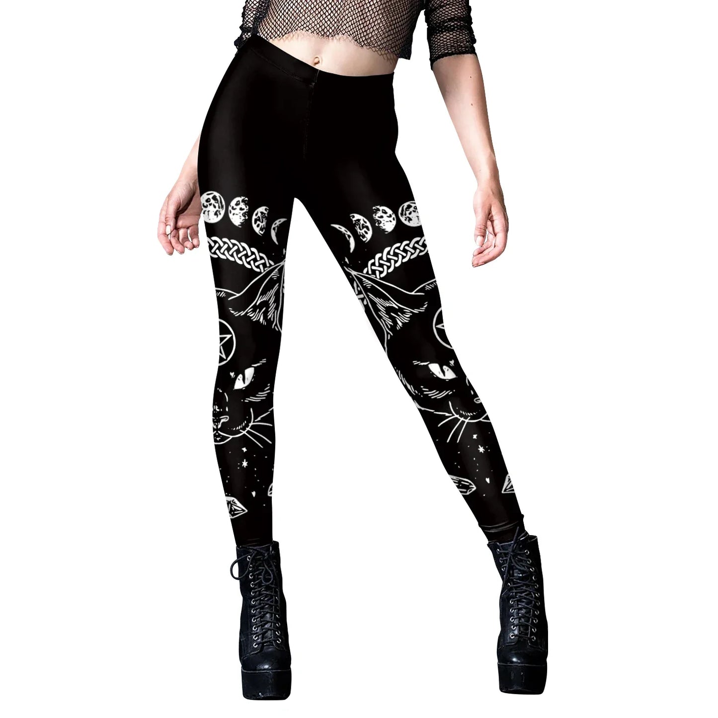Gothic Leggings Für Frauen Ouija Workout-Hosen Dunkles Grunge Schwarze Katze Schädel Leggings Teufel Satan Leggings