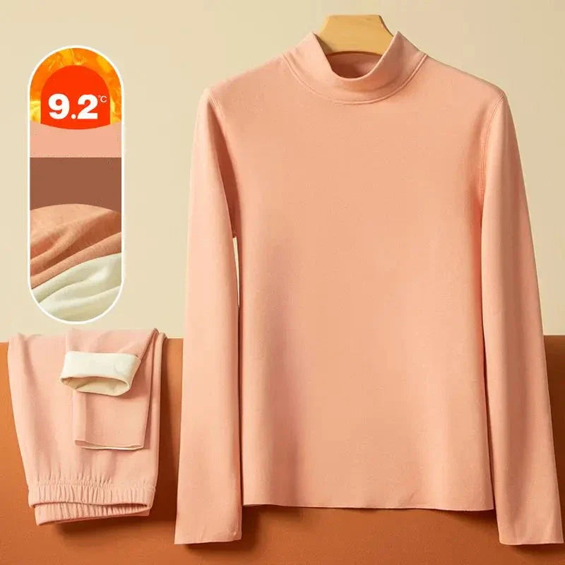 Samt Thermounterwäsche Set für Frauen - Warmes Mittel-Hochkragen Basisschicht, Nahtlose Loungewear für den Winter