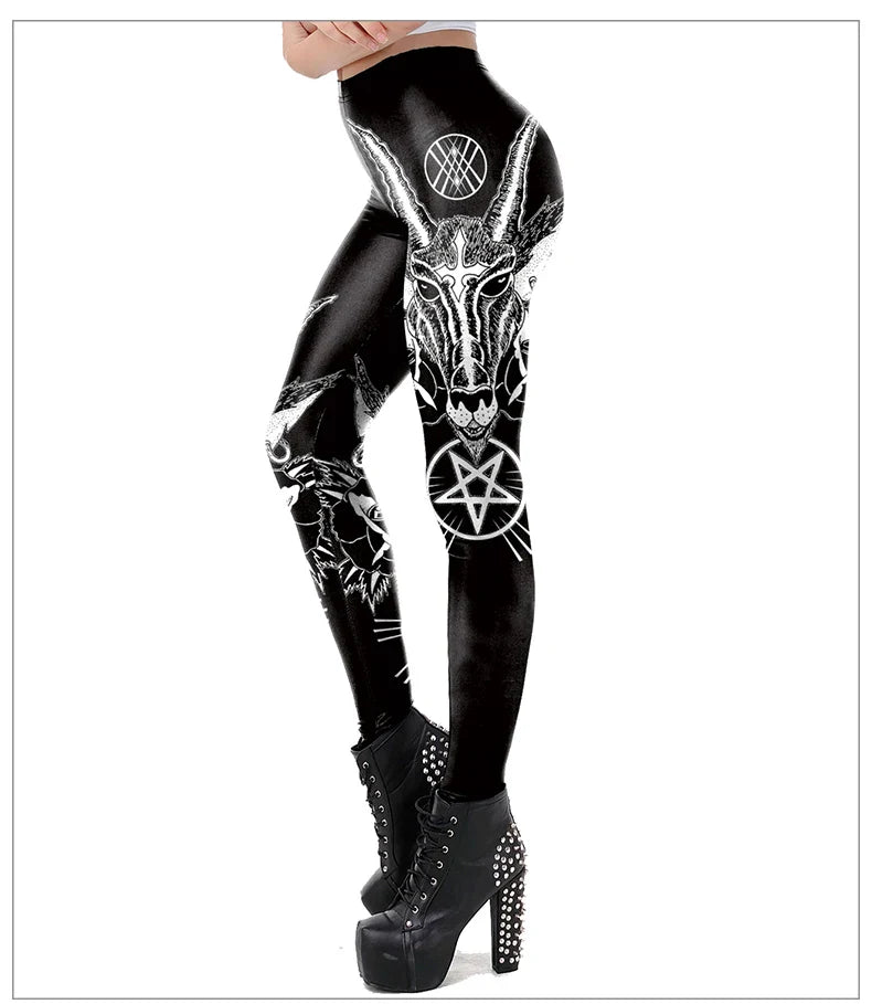 Gothic Leggings Für Frauen Ouija Workout-Hosen Dunkles Grunge Schwarze Katze Schädel Leggings Teufel Satan Leggings