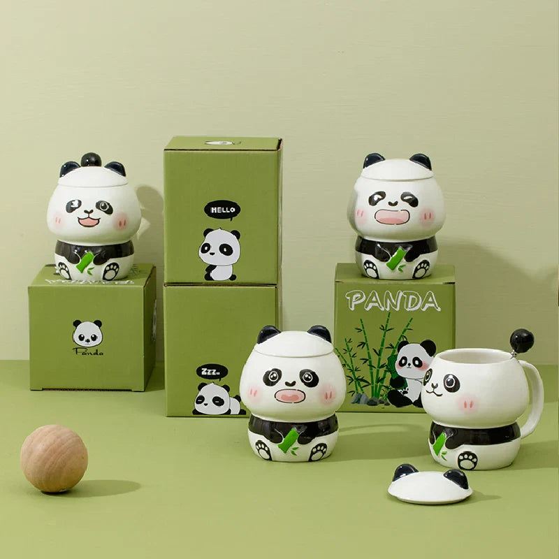 Keramische Panda-Tassen mit Deckel & Löffel