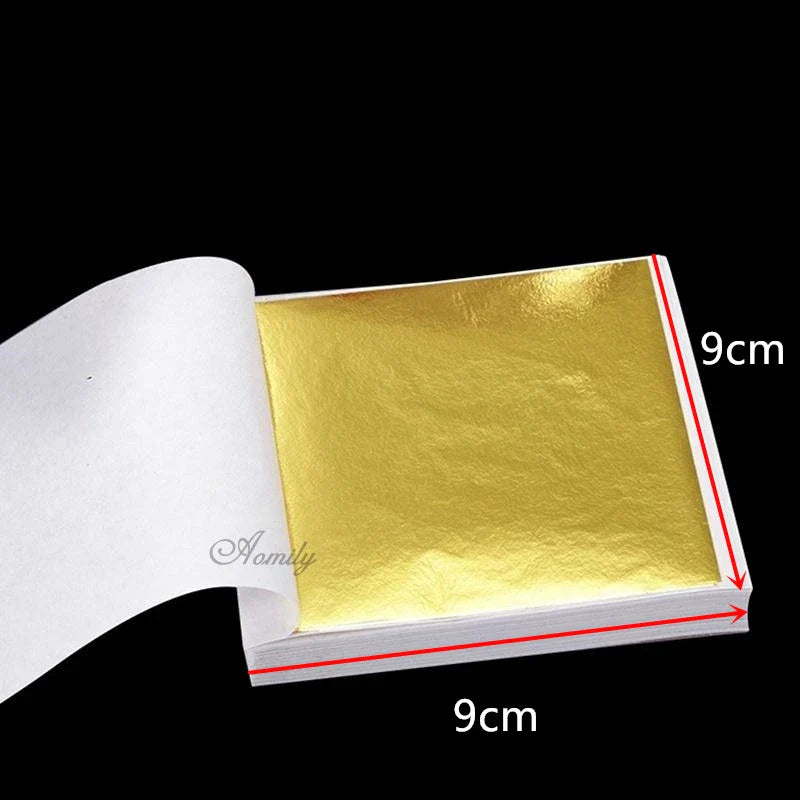 100 Blatt Aomily 9x9cm reines glänzendes Goldblatt - Ideal zum Vergolden von Möbeln, Wänden, Handwerken, Bastelarbeiten - Vergoldungsdekoration