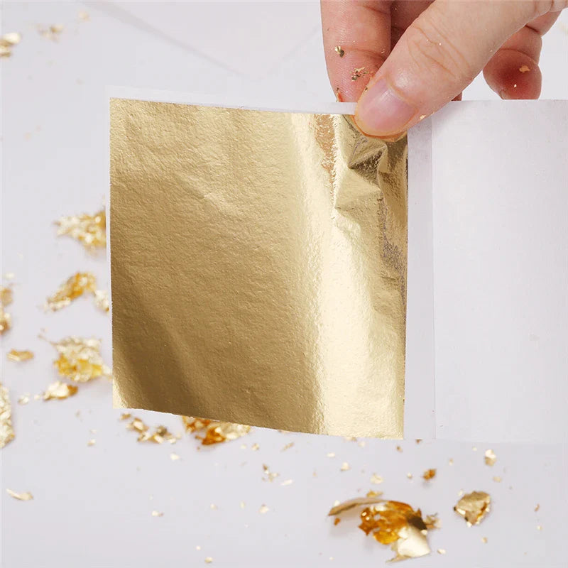 100 Blatt Aomily 9x9cm reines glänzendes Goldblatt - Ideal zum Vergolden von Möbeln, Wänden, Handwerken, Bastelarbeiten - Vergoldungsdekoration