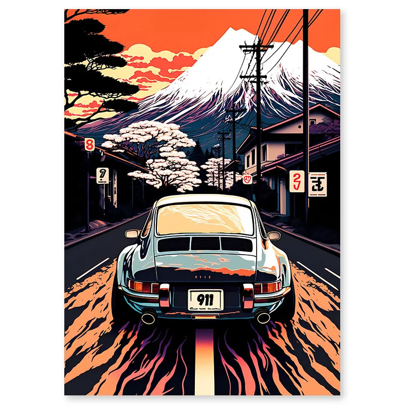 Retro Auto Leinwandmalerei Japan Mount Fuji Sonnenuntergang Wandkunst Landschaftsposter Wohnzimmer Innendruck Bilder Heimdekoration