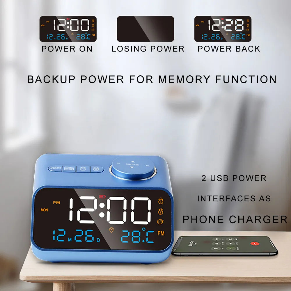 FM Radio, LED-Wecker und digitaler Tischkalender mit Temperatur, Thermometer und Feuchtigkeits-Hygrometer für die Nachtkommode Bliss