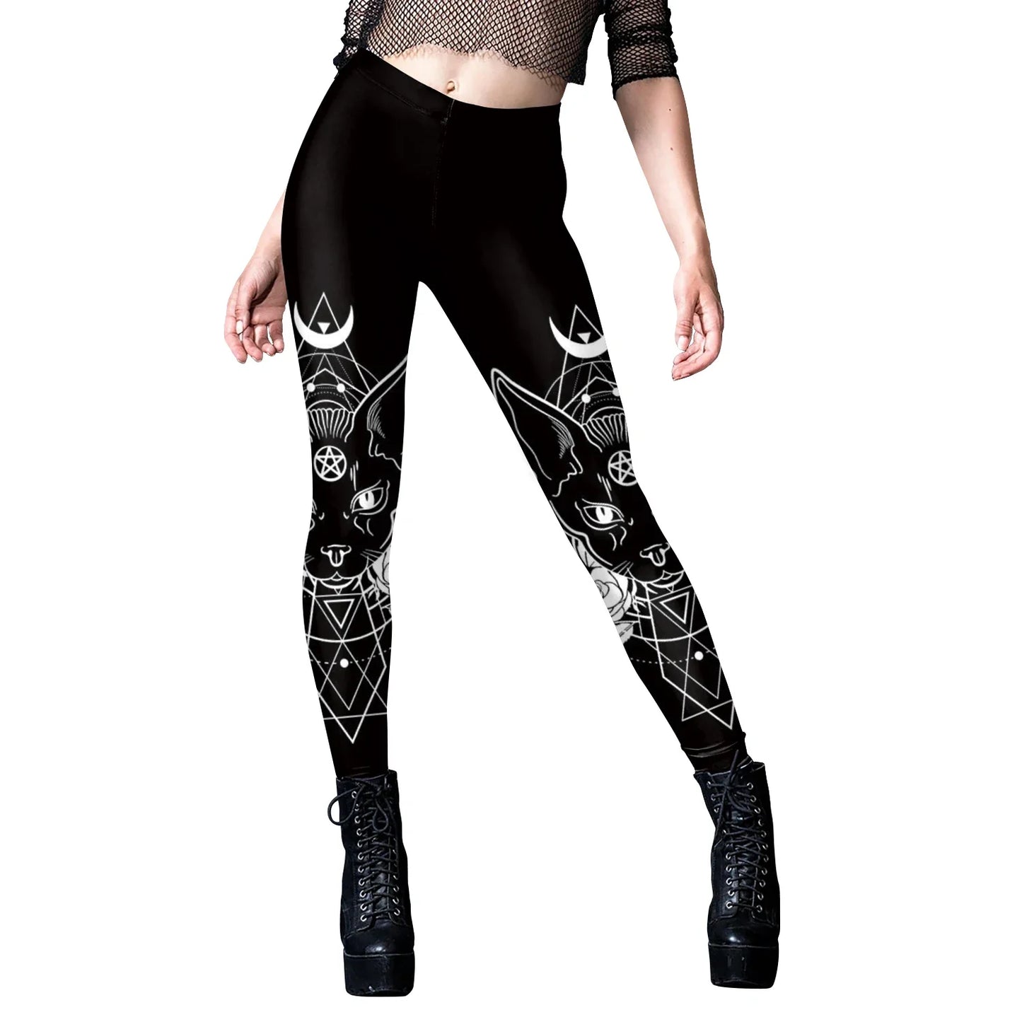 Gothic Leggings Für Frauen Ouija Workout-Hosen Dunkles Grunge Schwarze Katze Schädel Leggings Teufel Satan Leggings