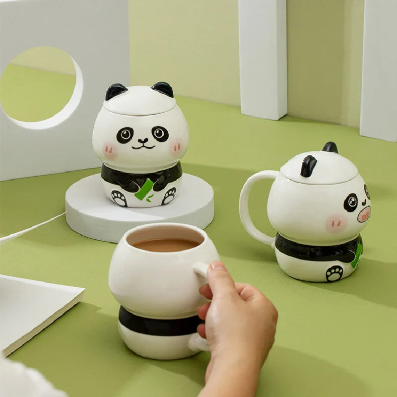 Keramische Panda-Tassen mit Deckel & Löffel