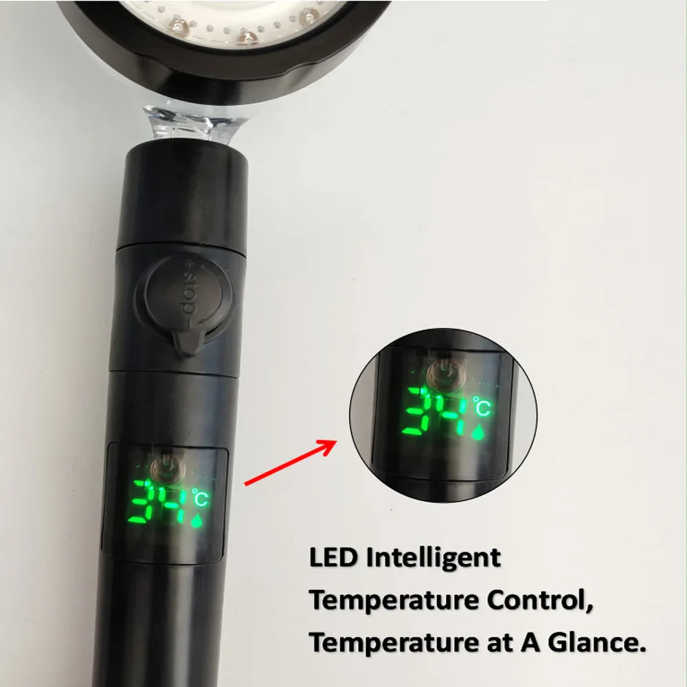 LED Digital Temperaturanzeige Duschkopf | Schwarz mit buntem Ventilator & Temperaturregelung | Hochdruck Regen Duschkopf für das Badezimmer