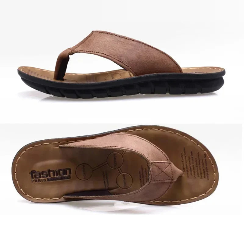 Sommer Schuhe Herren Hausschuhe Echtes Leder Flip-Flops Flache Sandalen Urlaub Rutschfest Schwarz Khaki
