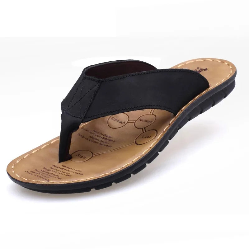 Sommer Schuhe Herren Hausschuhe Echtes Leder Flip-Flops Flache Sandalen Urlaub Rutschfest Schwarz Khaki