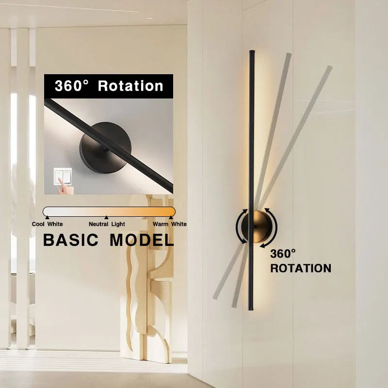 Schwarze dimmbare LED-Wandleuchte mit Touch-Schalter – 360° drehbare Wandleuchte für Schlafzimmer, Wohnzimmer und Innenräume