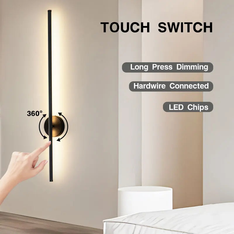 Schwarze dimmbare LED-Wandleuchte mit Touch-Schalter – 360° drehbare Wandleuchte für Schlafzimmer, Wohnzimmer und Innenräume