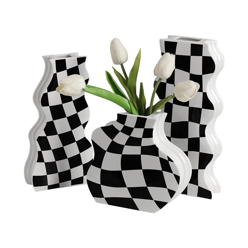 Schwarz-weiße Keramikvase, Dekoration, Schachbrettmuster, High Sense, getrocknete Blumenvase, Wohnzimmer, Blumenarrangement, Heimdekoration