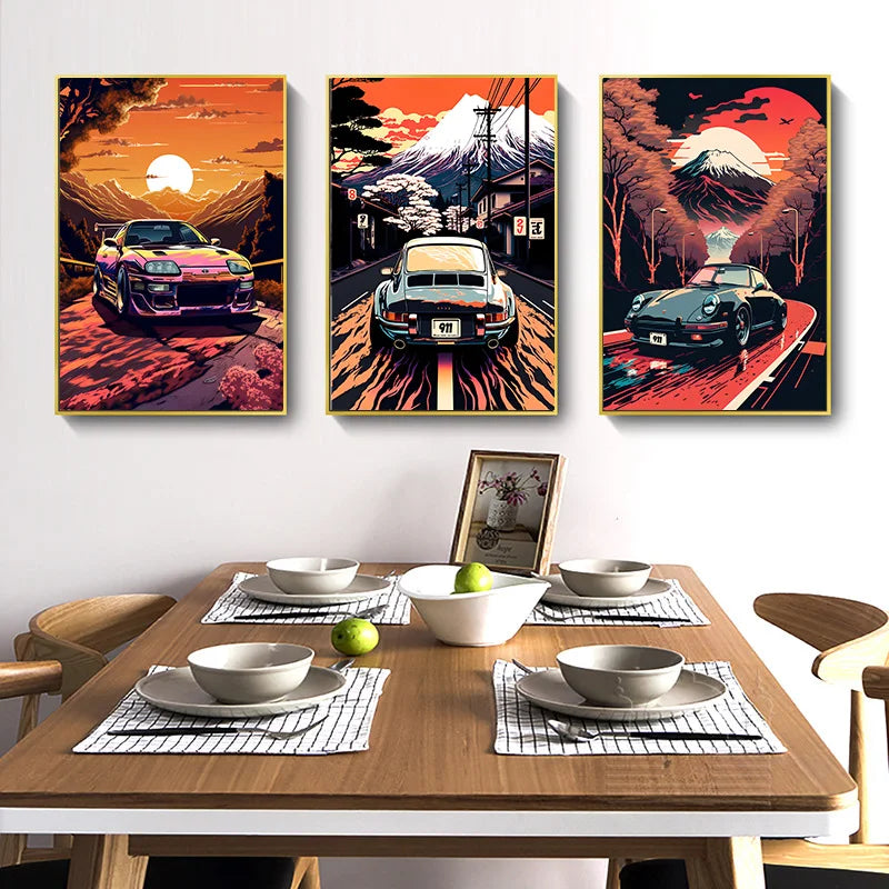 Retro Auto Leinwandmalerei Japan Mount Fuji Sonnenuntergang Wandkunst Landschaftsposter Wohnzimmer Innendruck Bilder Heimdekoration