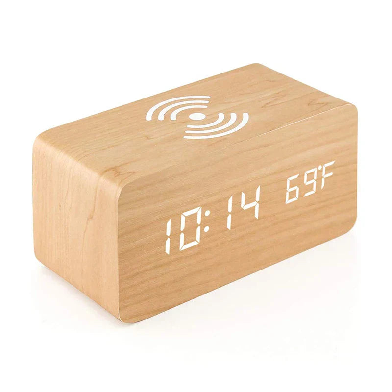 Minimalistische LED Holzwecker mit Temperaturanzeige, drahtloser Ladefunktion und digitaler Zeitanzeige – Ideal für Schlafzimmer und Büro