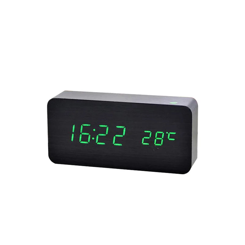 Minimalistische LED Holzwecker mit Temperaturanzeige, drahtloser Ladefunktion und digitaler Zeitanzeige – Ideal für Schlafzimmer und Büro
