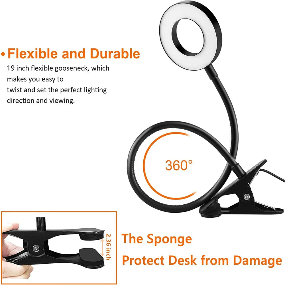 LEDs Clip-On Schreibtischlampe - 360° flexibel, augenschonendes USB-Leselicht zum Studieren