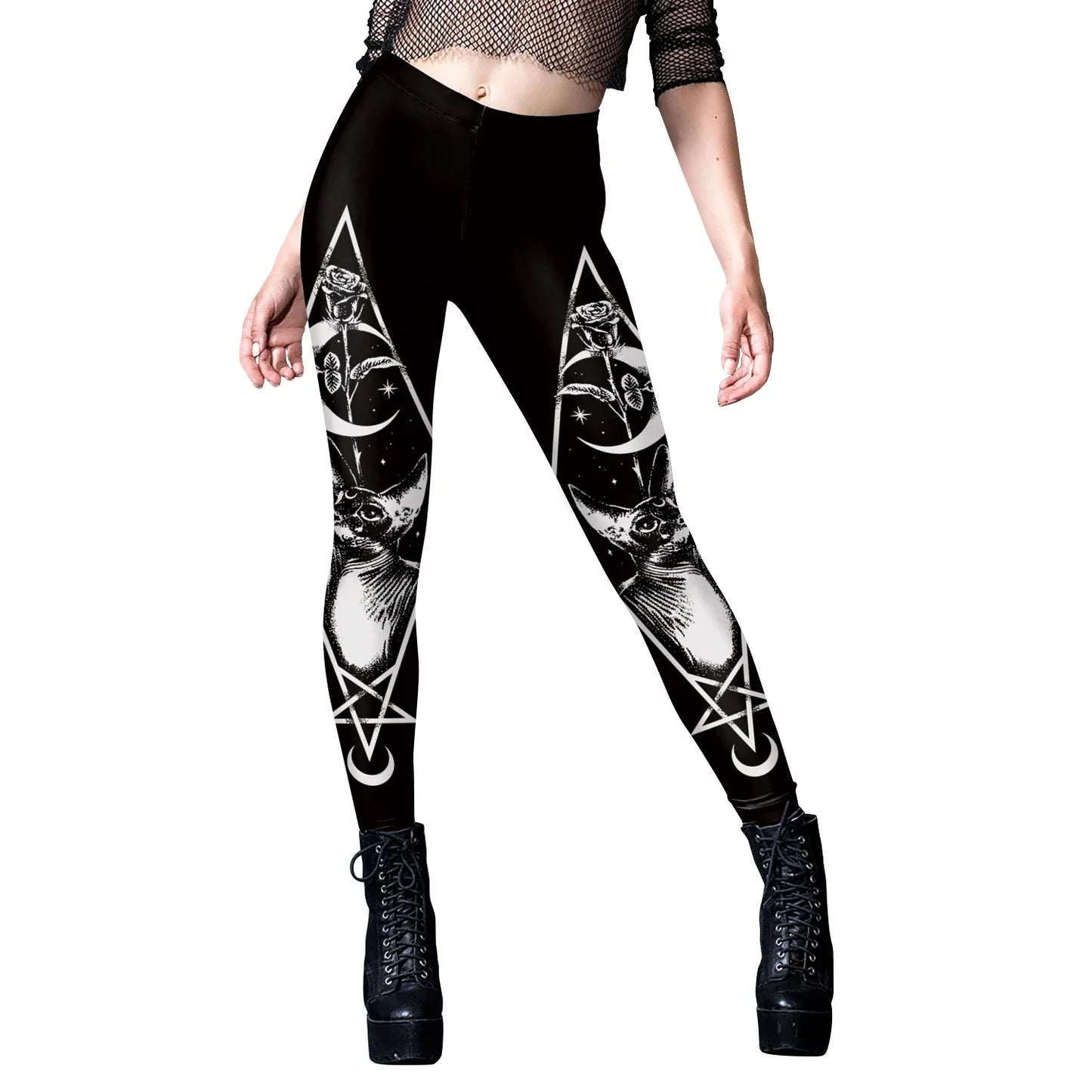 Gothic Leggings Für Frauen Ouija Workout-Hosen Dunkles Grunge Schwarze Katze Schädel Leggings Teufel Satan Leggings