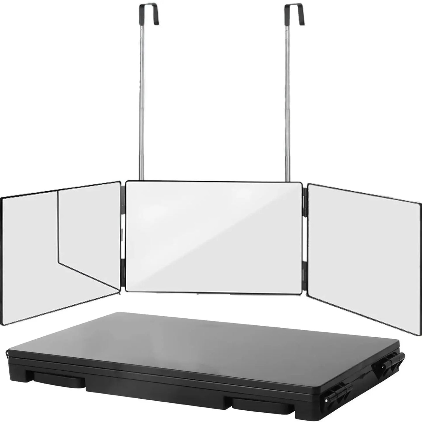Schwarzer tragbarer 360° Dreifachspiegel – höhenverstellbar mit teleskopischen Haken, ideal für Haarschnitte und Make-up, faltbares Design