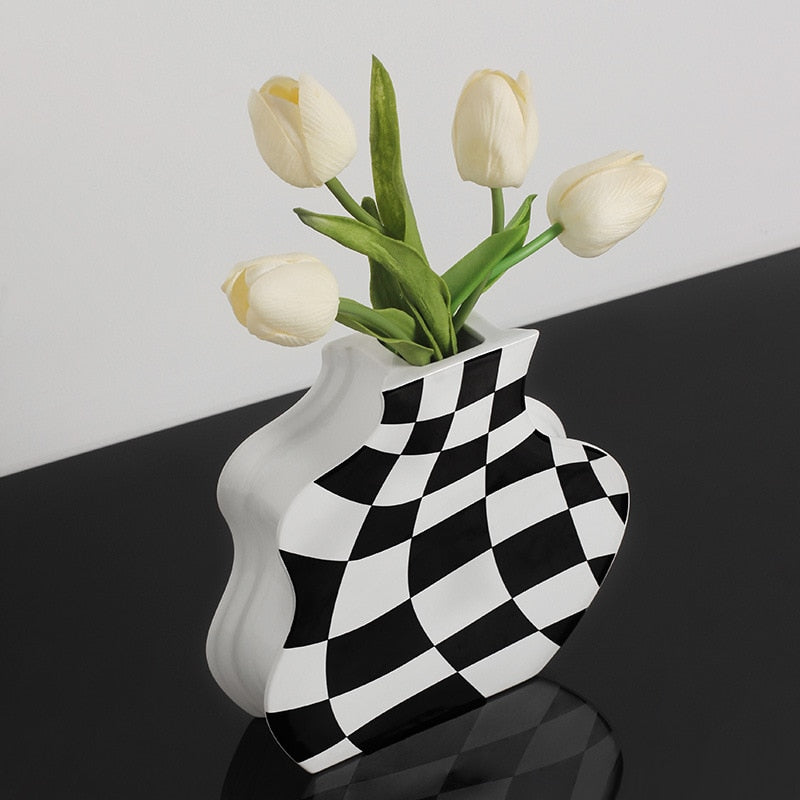 Schwarz-weiße Keramikvase, Dekoration, Schachbrettmuster, High Sense, getrocknete Blumenvase, Wohnzimmer, Blumenarrangement, Heimdekoration