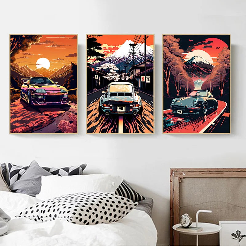 Retro Auto Leinwandmalerei Japan Mount Fuji Sonnenuntergang Wandkunst Landschaftsposter Wohnzimmer Innendruck Bilder Heimdekoration