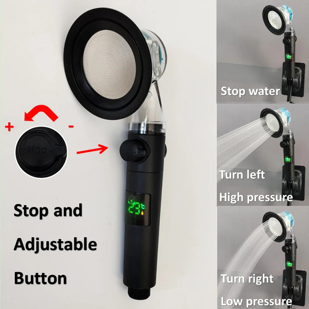 Hochdruck-Turbopropeller-Duschkopf mit Temperaturanzeige und wassersparendem Stoppknopf - Handheld-Badezimmer-Duschkopf