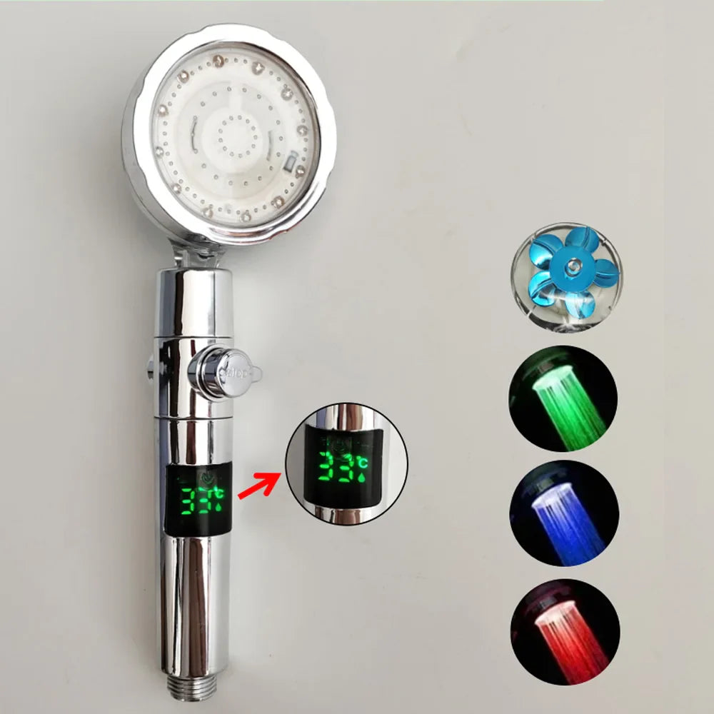 LED Digital Temperaturanzeige Duschkopf | Schwarz mit buntem Ventilator & Temperaturregelung | Hochdruck Regen Duschkopf für das Badezimmer