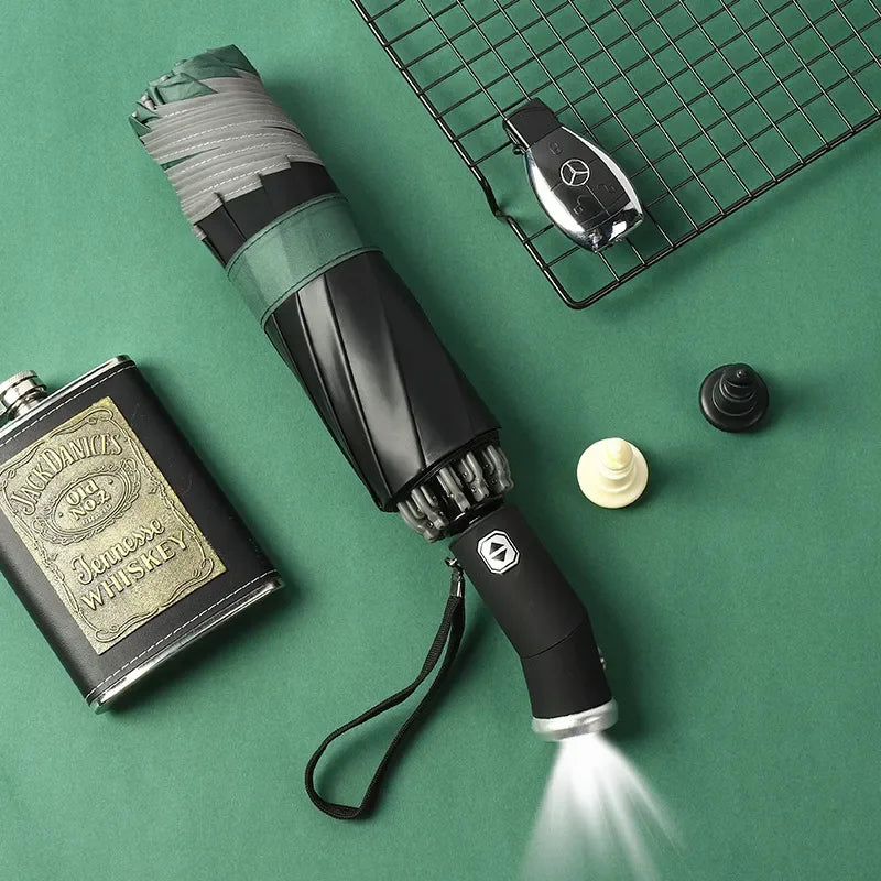 Vollautomatischer Sonnenschutzschirm mit LED-Taschenlampe - Klappbarer wasserdichter UV-Sonnenschirm, regenfest, windresistenter Schirm
