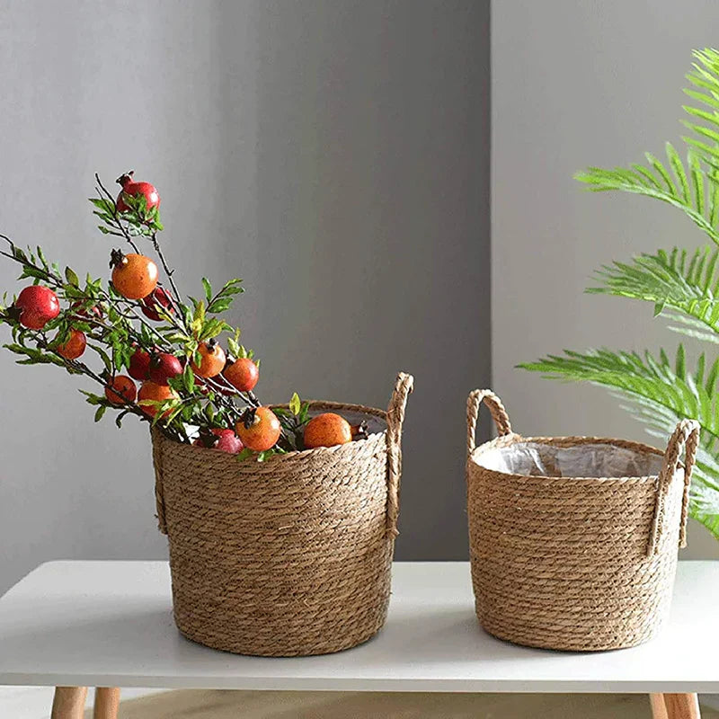 Skandinavischer Extra Large Strohtopf Meeresalgen Aufbewahrungskorb Topfpflanze Blumenkorb Handgewebter Boden Innenblumentopf