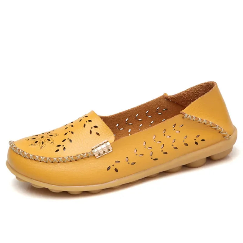 Faltbare Ballerina-Einlegesohlen Echter Leder Loafers Frauen Mokassins Sommer Blumen Rundzehen Rutschige Casual Schuhe
